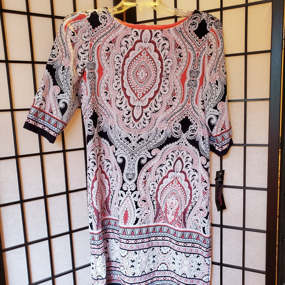 NWT Isabel & Nina Navy Orange Multi Print Dress S